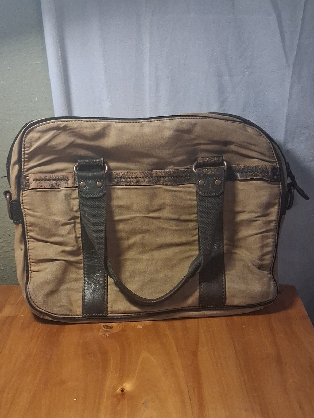 Black Rivet Canvas Travel Briefcase in Tan with Brown Trim